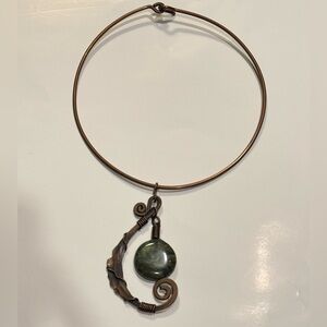 Mexico Artisan Made, Copper Necklace with Jade Stone Pendant and Crescent Moon